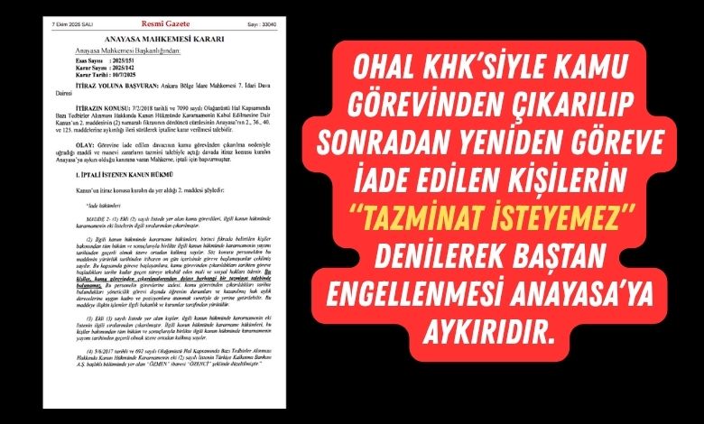 AYM’den Emsal Karar OHAL KHK’siyle Ayrılıp İade Edilenlere Tazminat Yolu Açıldı